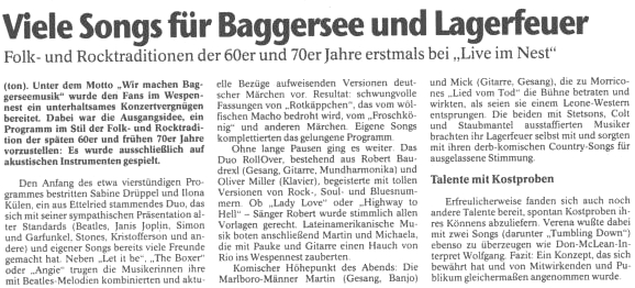 Wir machen Baggerseemusik - The platform for acoustic music - unplugged at Augsburg 1990 till 1994 - Augsburger Allgemeine 03-04-1993