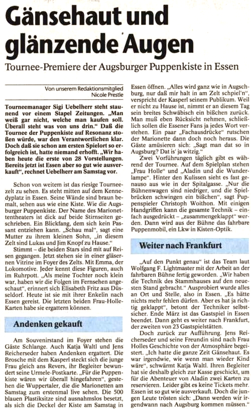1. Deutschland Tournee Augsburger Puppenkiste 1998/99 - Augsburger Allgemeine Zeitung Premiere Mrz 1998