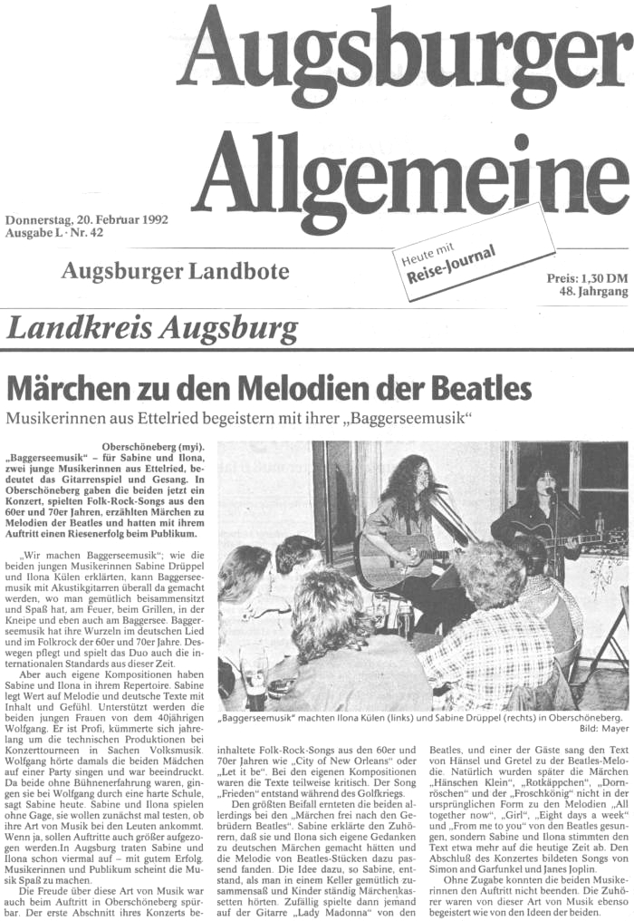 Wir machen Baggerseemusik - Das Forum für akustische Musik - unplugged in Augsburg und Umgebung 1990 bis 1994 - Augsburger Allgemeine Zeitung 20.02.1992 in Oberschöneberg