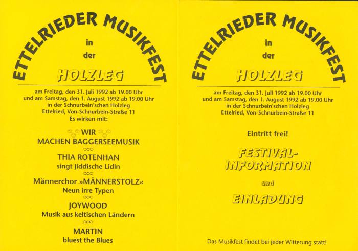 1st Festival for acoustic music at the Ettelrieder Holzleg for the public benefit 1992