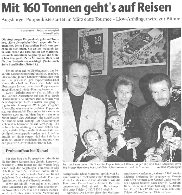 1. Deutschland Tournee Augsburger Puppenkiste 1998/99 - Augsburger Allgemeine Zeitung 04.12.1997