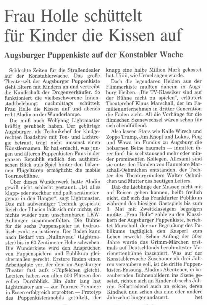1. Deutschland Tournee Augsburger Puppenkiste 1998/99 - Frankfurter Rundschau 03.04.1998